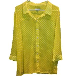Susan Graver Shirt Womens 1X Yellow Polka Dot 3/4 Sleeve Sheer Button Blouse